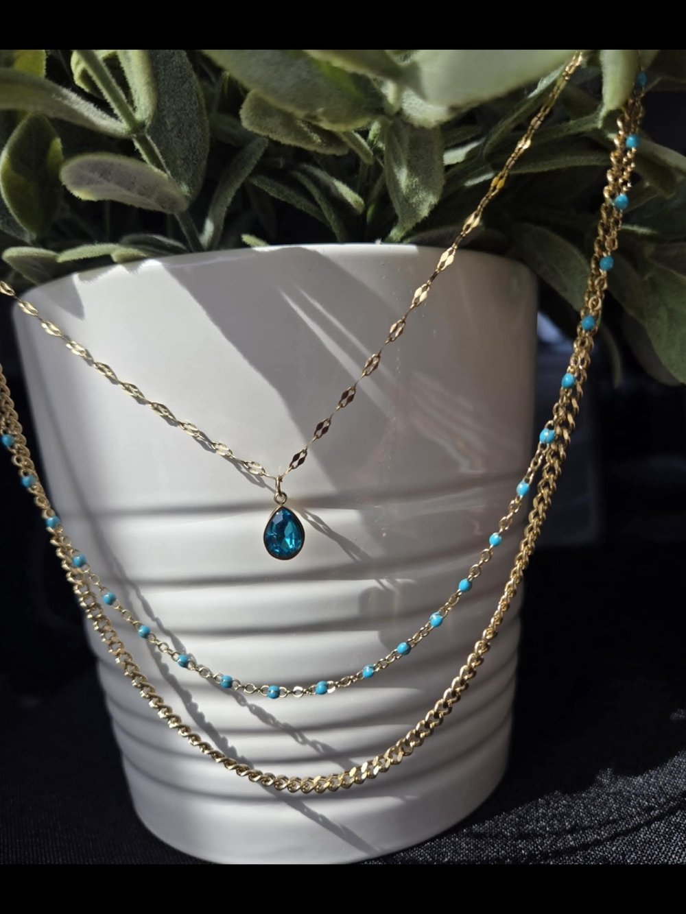 Stainless Steel Layered Necklace with Blue Teardrop Pendant and Turquoise Beads